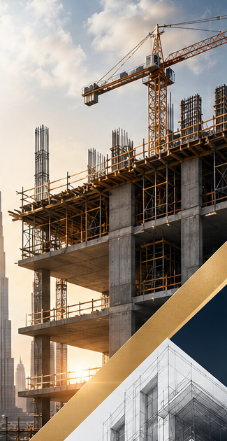 Construction site with architectural navy and gold details